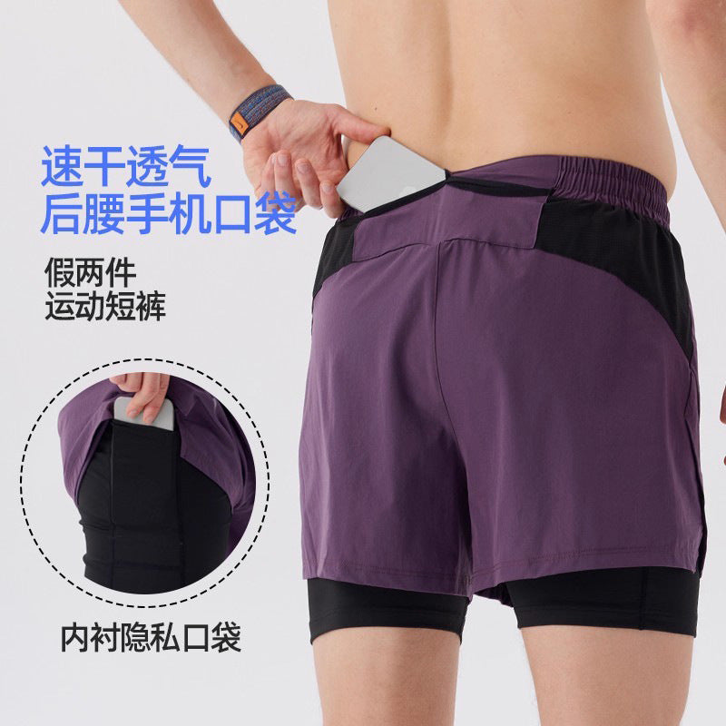 New summer men's running shorts, suitable for marathon and track and field, 2-in-1 with lining, and can hold a mobile phone.