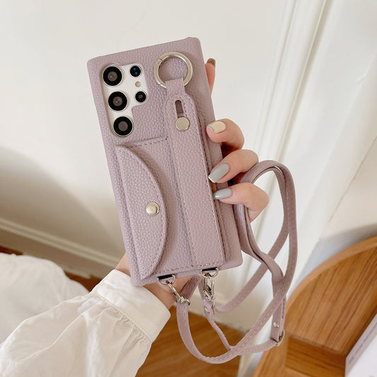 Compatible with Samsung S23Ultra lychee pattern card holder wrist strap diagonal mobile phone case S21/S22 wallet mobile phone case