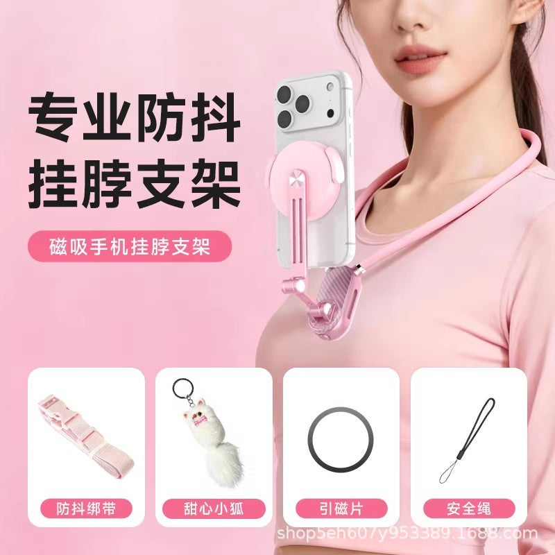 Neckband phone holder with magnetic attachment for DJI Action collar, perfect for shooting first-person action cameras and hanging on the chest.