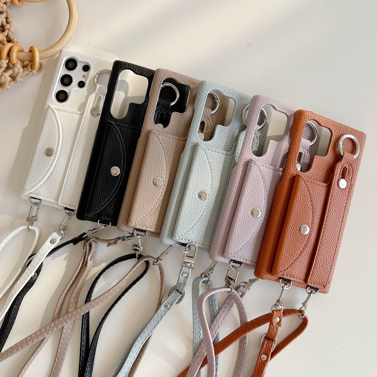 Compatible with Samsung S23Ultra lychee pattern card holder wrist strap diagonal mobile phone case S21/S22 wallet mobile phone case