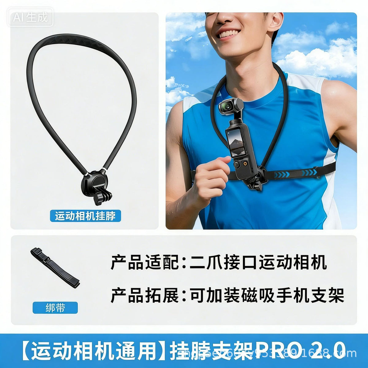 Neckband phone holder with magnetic attachment for DJI Action collar, perfect for shooting first-person action cameras and hanging on the chest.